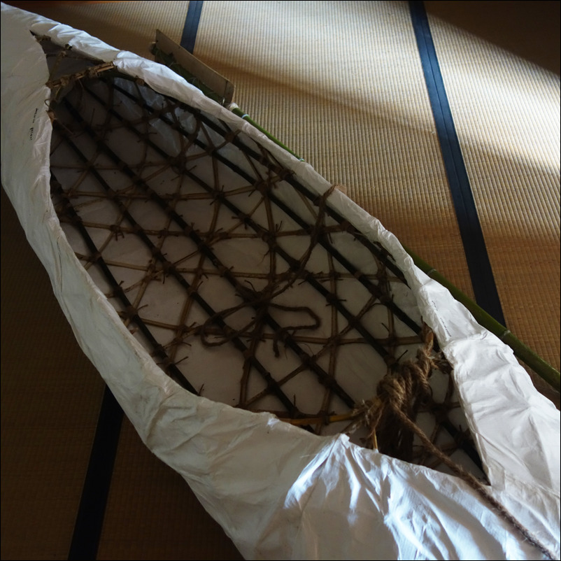 Kazan Maru - 3.5 x 0.4 x 0.65 m, bamboo, rope, glue, tyveck paper, plastic bottles.